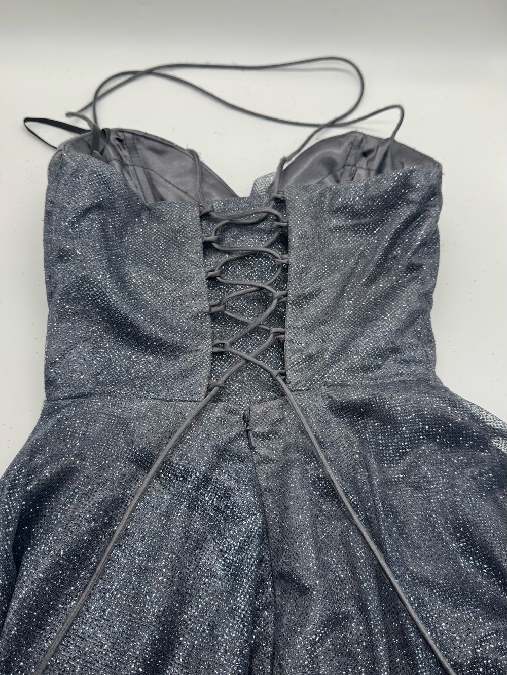 Charcoal Sparkly Corset Gown - Tie Back Dress with Long Train - Picture 11 of 11